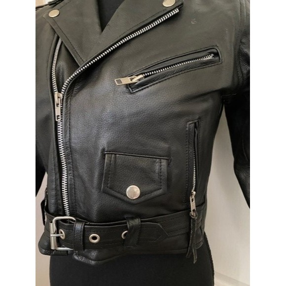 'BIKERS LEATHER STUFF ' BLACK Zippered, Studded Leather Jacket Girls/Tween (L) - Picture 4 of 12